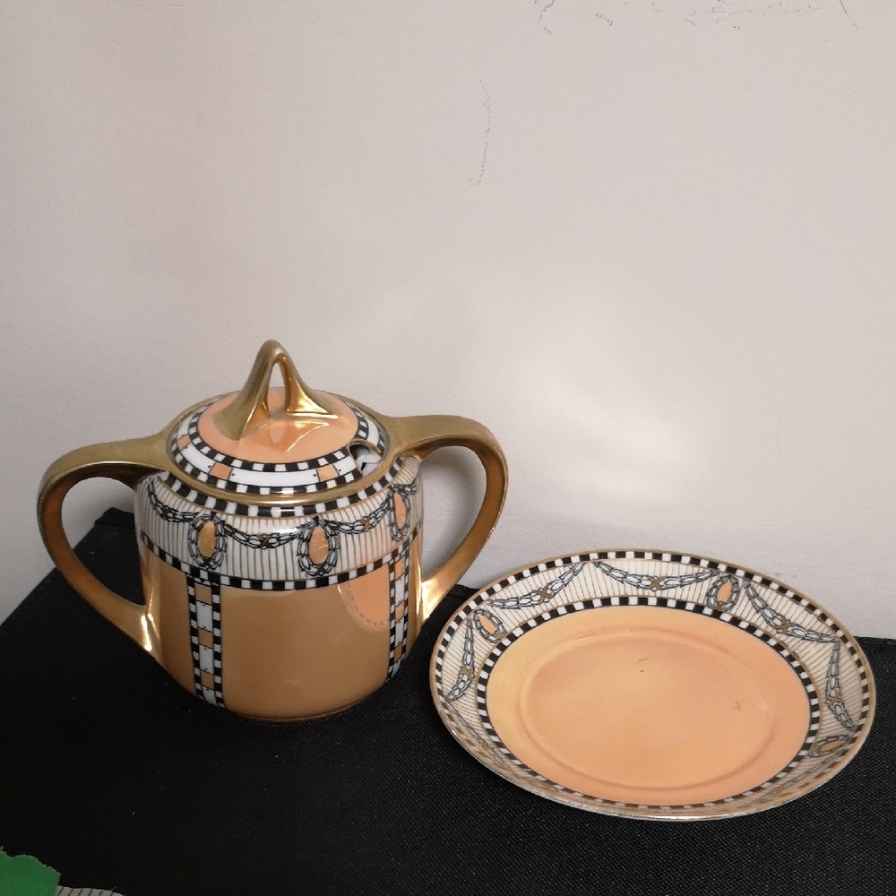 Stunning Hand-painted Noritake Art Deco Sugar Bowl Lid & Underplate Peach Luster